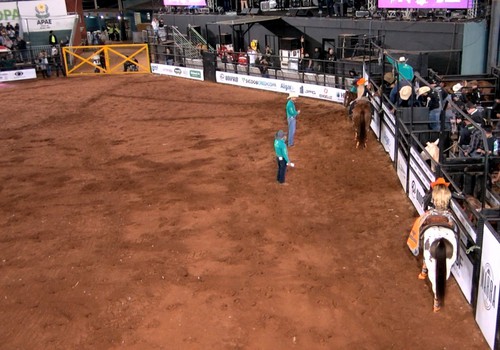 Cavalo pula rodopiando, peão é debruçado no lombo do animal e acaba jogado no chão; veja ao vivo