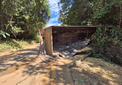 Carreta tomba após passar por buracos e espalha carga de soja na BR-352, em Abadia dos Dourados