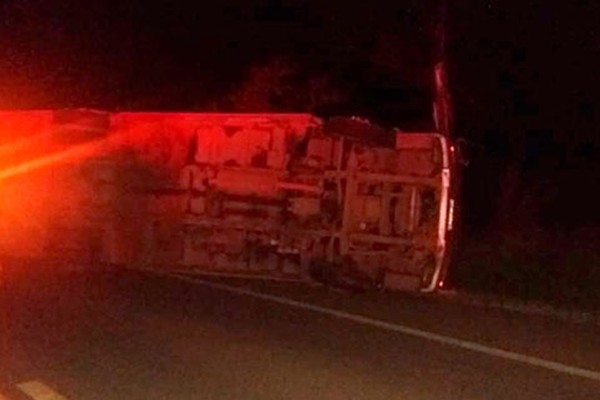 Caminhão tomba após motorista tentar desviar de cachorro na BR 354, em Carmo do Paranaíba